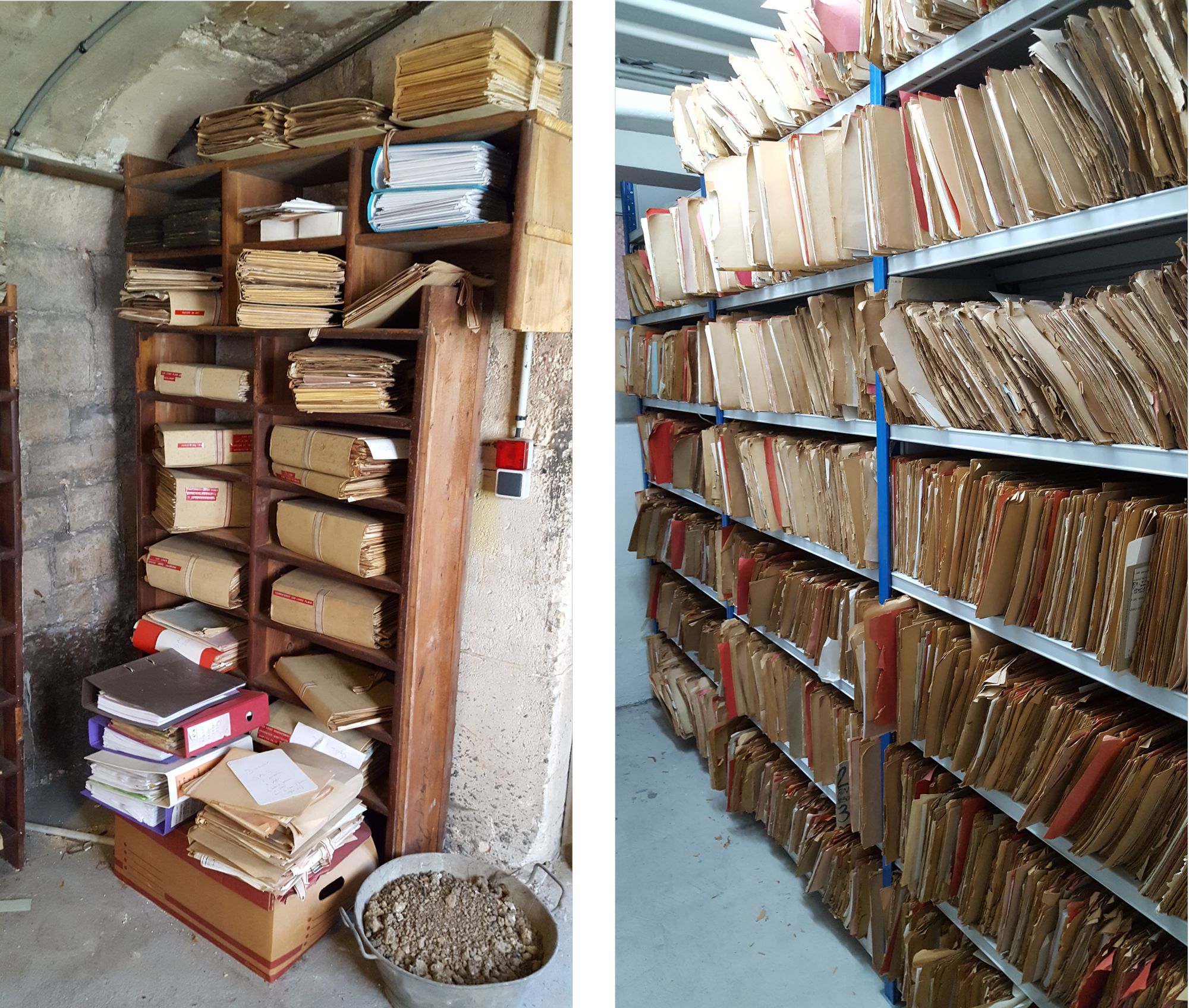 De mauvaises conditions de conservations : rayonnages d'archives trop pleins, dans des caves