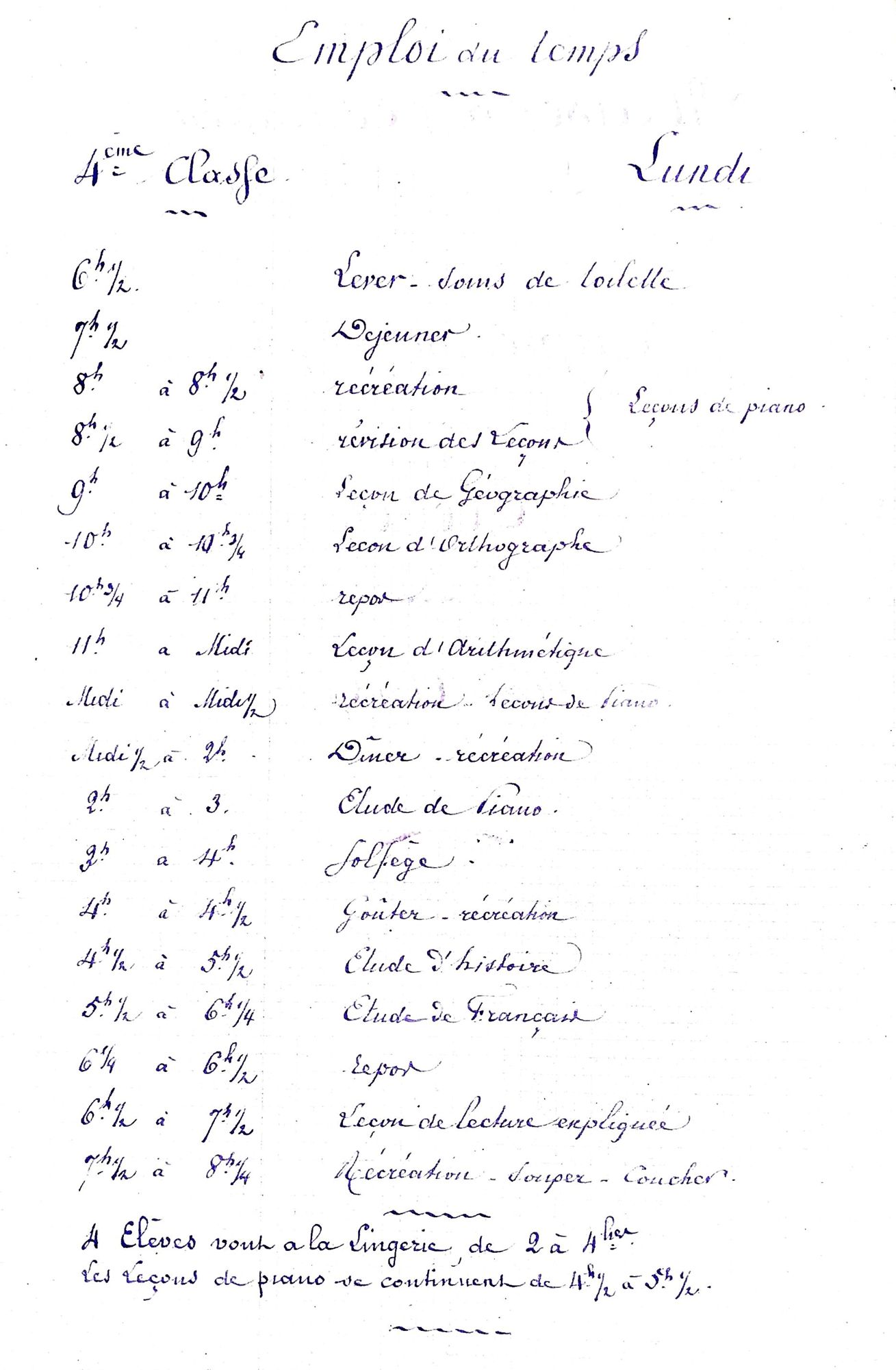 Emploi du temps de la 4ᵉ classe d'Ecouen