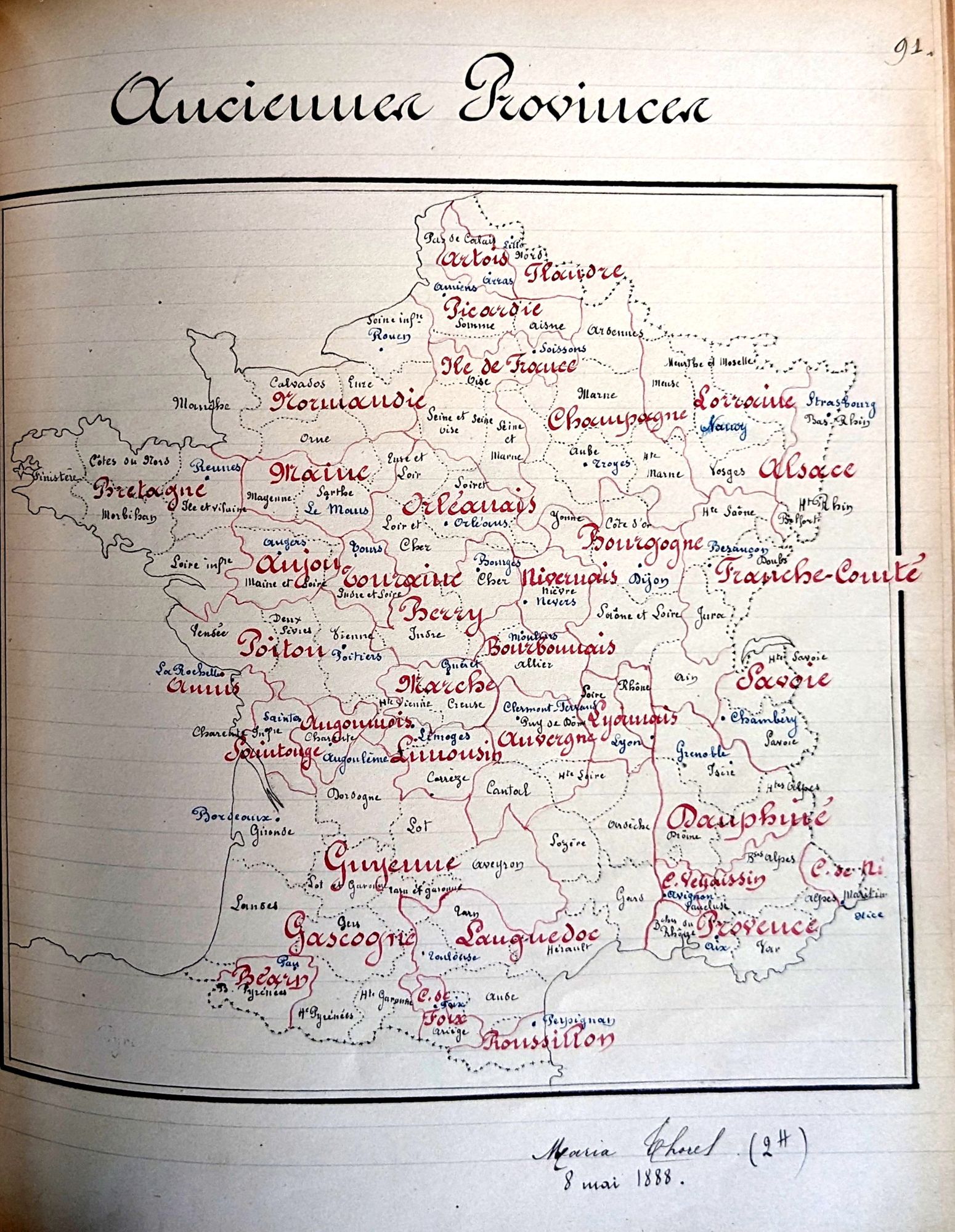 Carte des anciennes provinces du royaume de France dessinée par une élève